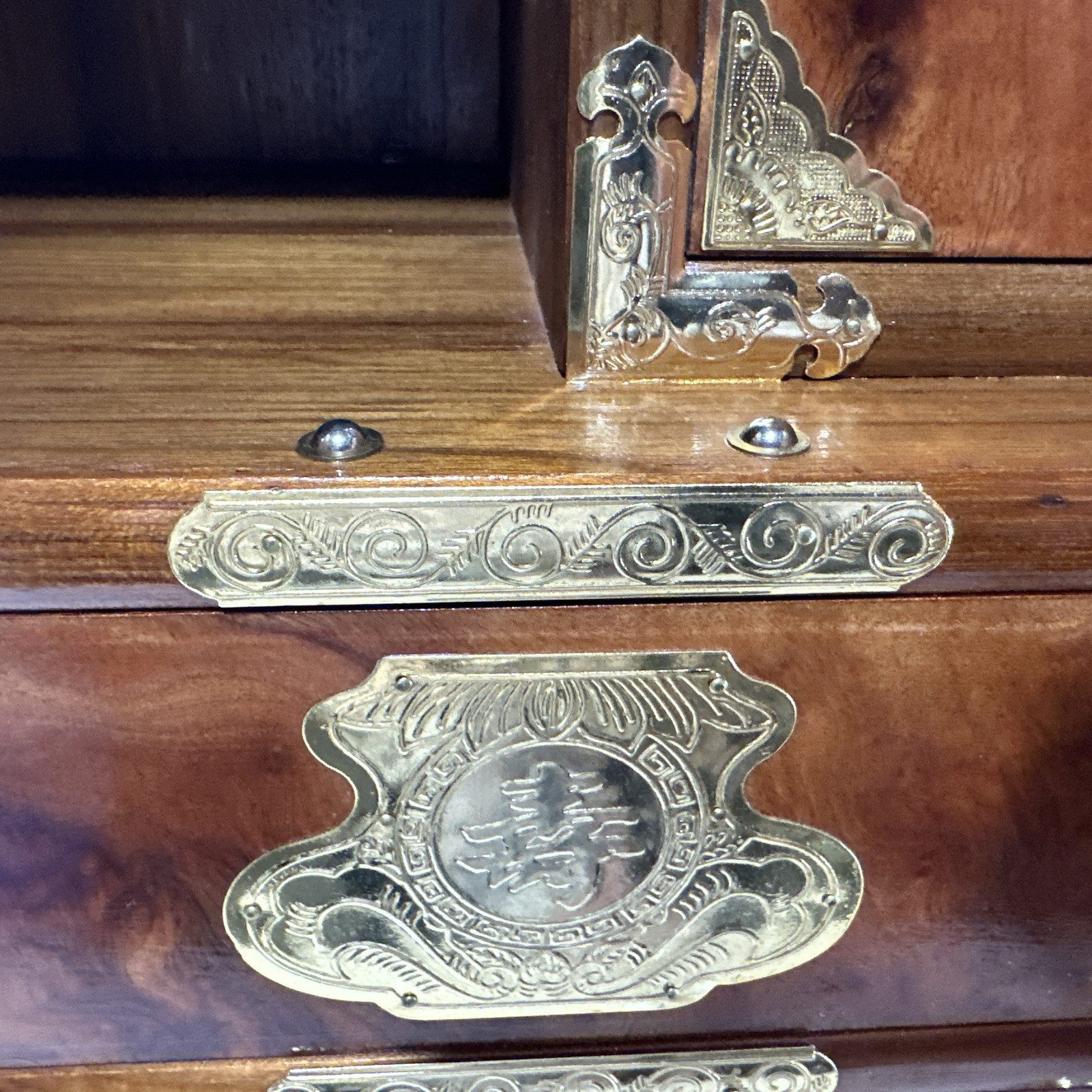 Vintage Asian Burl Wood and Brass Tansu Chest Mid Century 1970's Elegant