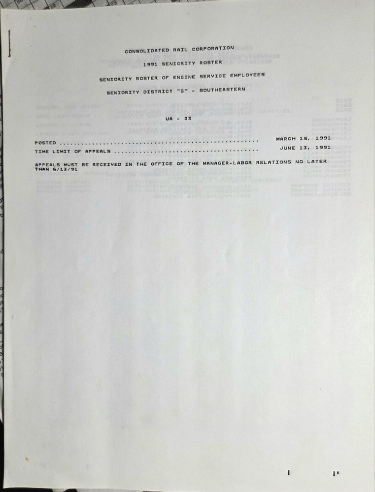 1991 Conrail Engineers Seniority Roster District "G"