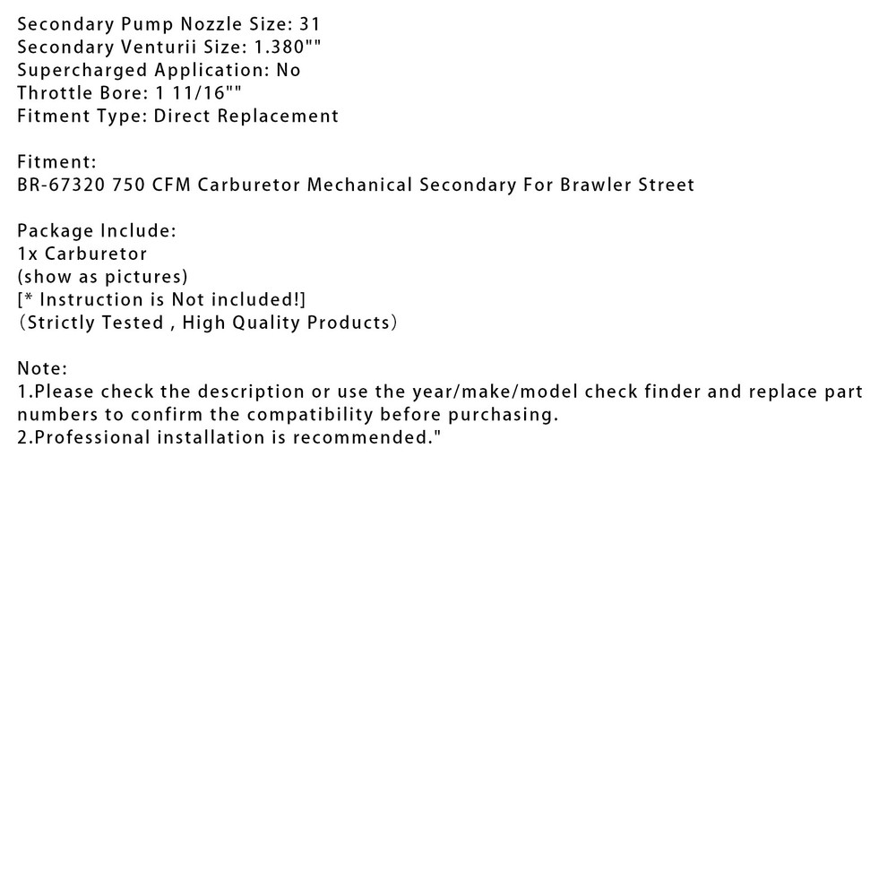 BR-67320 750 CFM Carburetor Mechanical Secondary