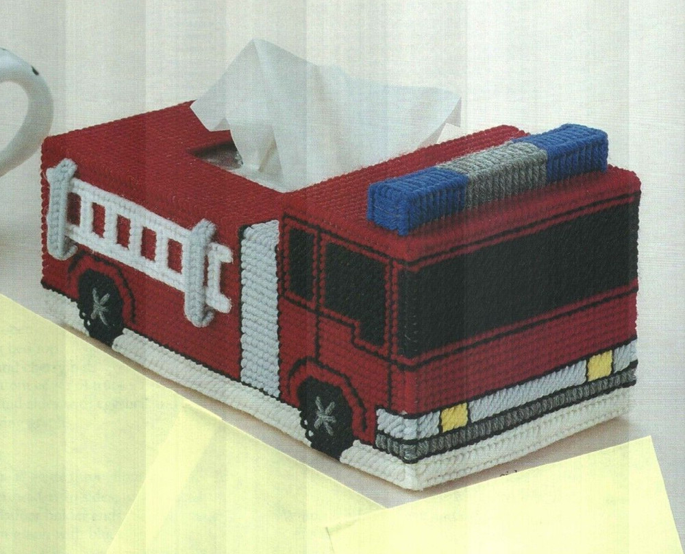 FIRE ENGINE TISSUE BOX COVER HOME DECOR PLASTIC CANVAS PATTERN INSTRUCTIONS