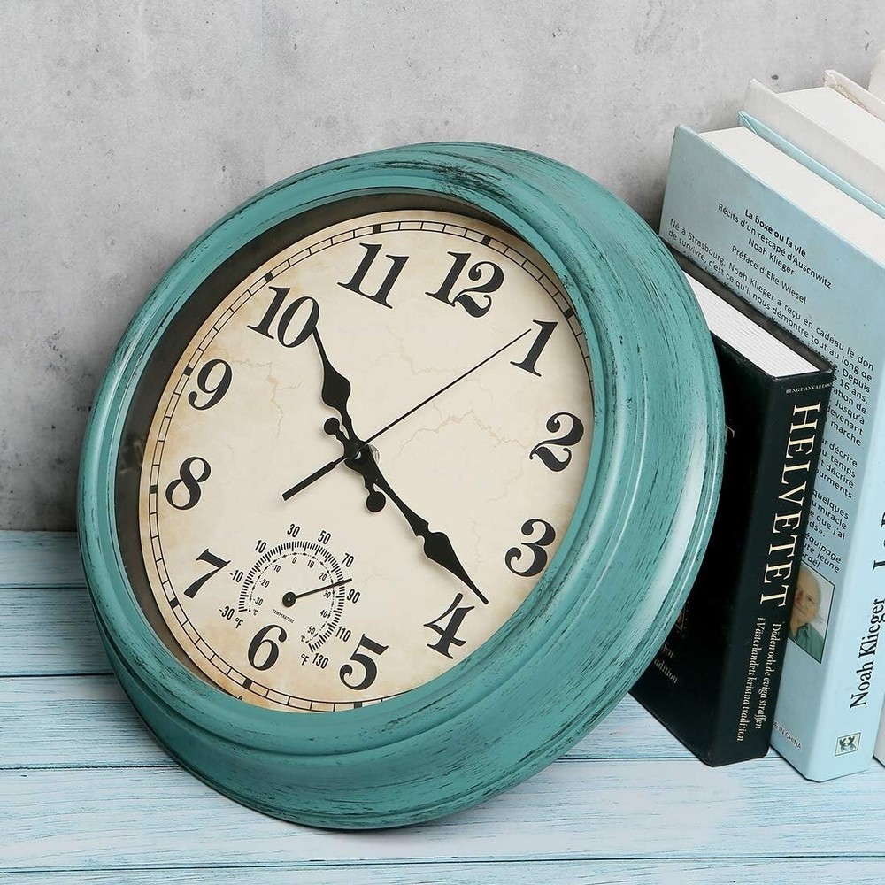 Waterproof Silent Wall Clock with Thermometer – Olive Green