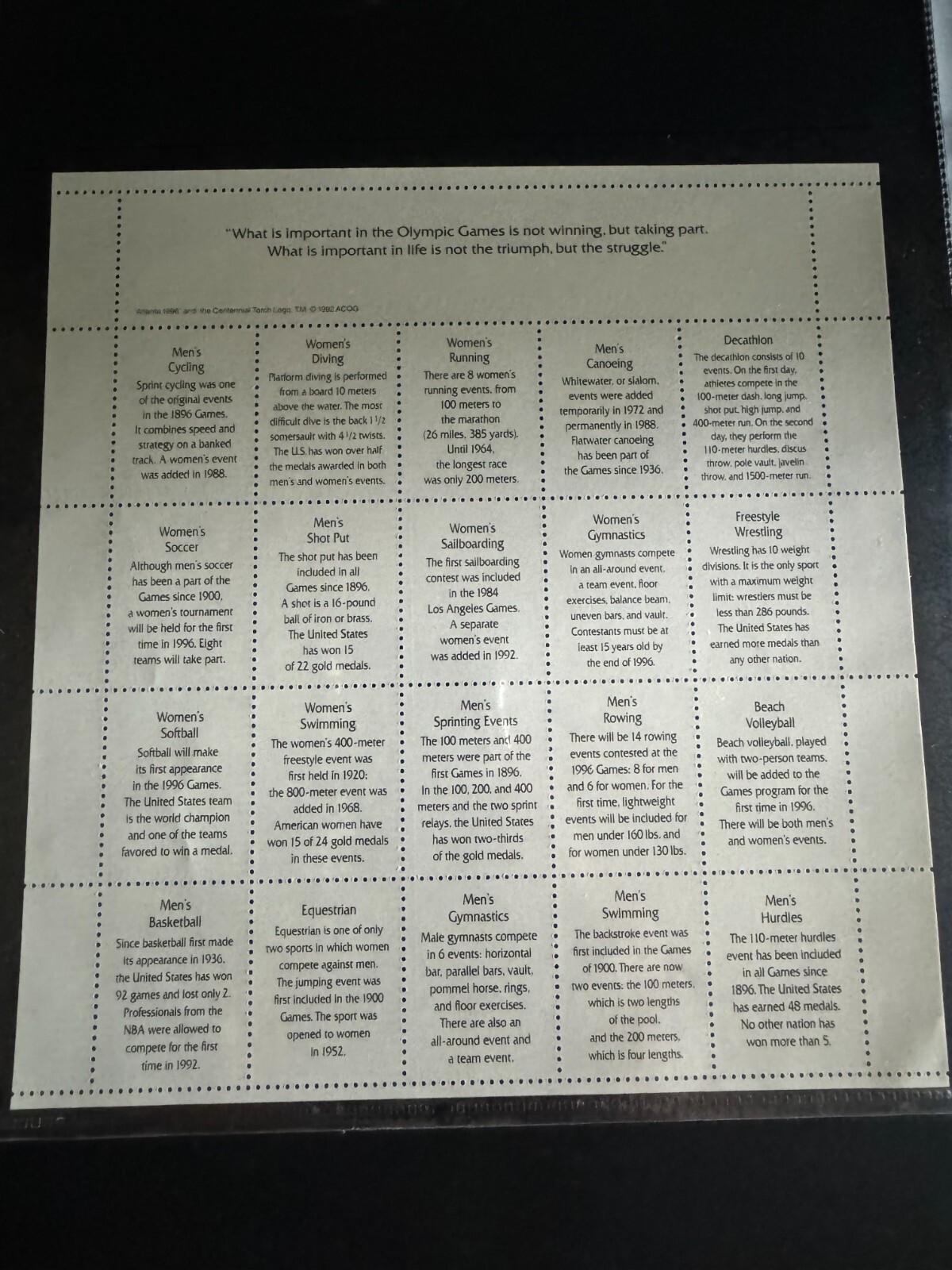 Scott #3068 1996 Atlanta Centennial Olympic Games Sheet of 20 32¢ Stamps M,OG,NH