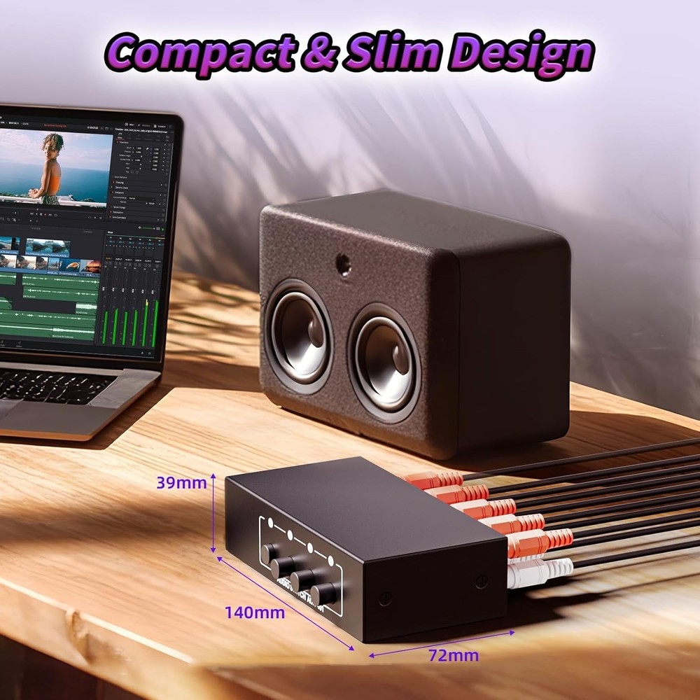 Passive Stereo Audio Switch Box – 4 Inputs and 1 Output, No Power Required