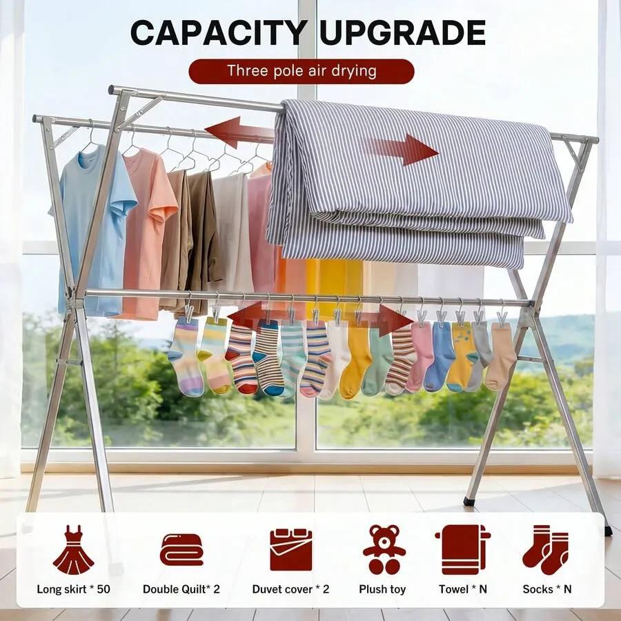 Three-Bar Foldable Clothes Drying Rack 78.7" Two Types, Retractable Leng