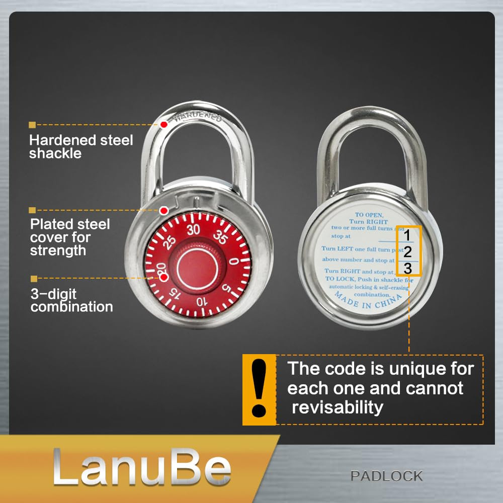 Standard Dial Combination Lock, 2 in. Wide, with Different Combinations, Red ...