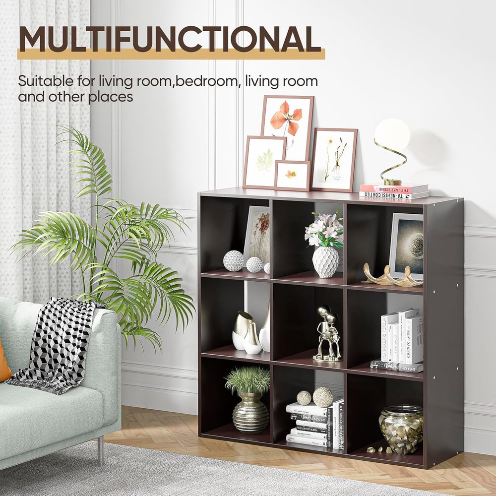 Great value 9-grid storage organizer, 3-layer open bookshelf, dark brown