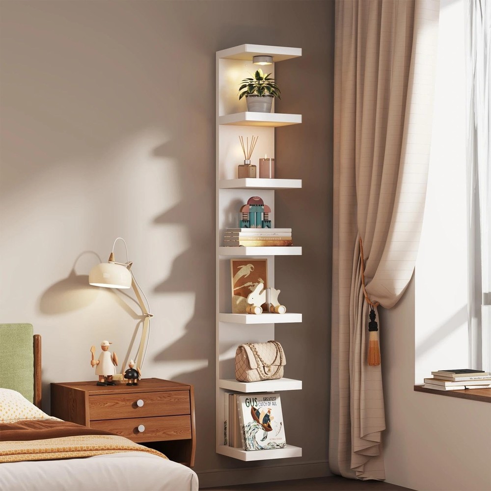 White 7-Tier Vertical Wall Shelf Unit with USB Rechargeable Led Light (Remote...