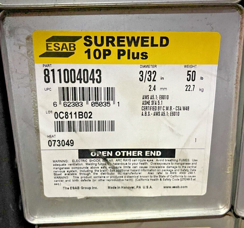 | 50 lbs. | ESAB Sureweld 10P Plus 811004043 Stick Electrodes AWS A5.1 E6010
