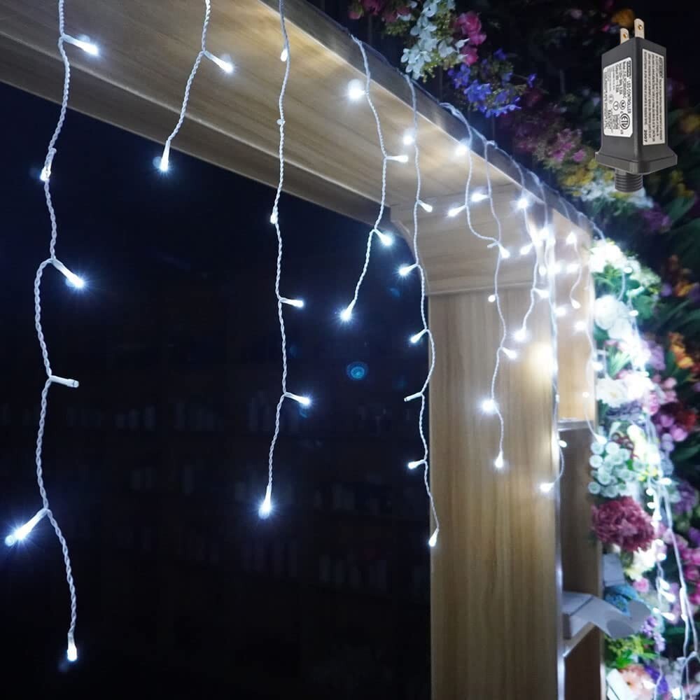 300 String Lights, 8 Modes, LEDs, Icicle Style Outdoor Lighting, 29.5ft, w/Timer