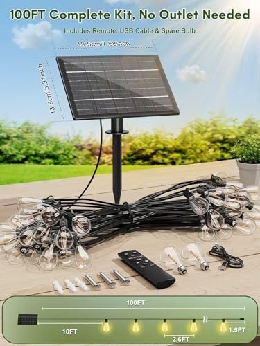 100FT Solar String Lights Waterproof, 35+1 LED Remote Control, 3 Modes, Dimmable