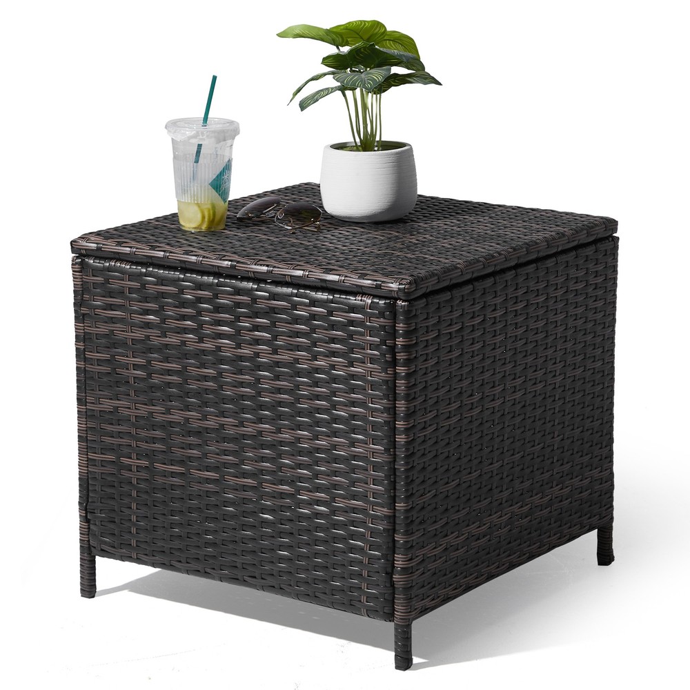 PE Wicker Side Table with Storage, Patio Rattan End Table Square Container