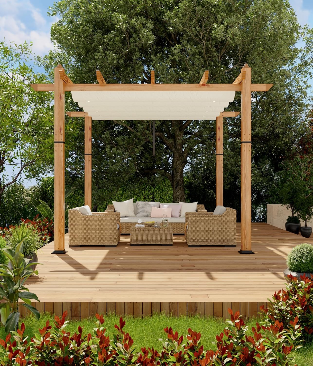 10 x 10 ft Wood-Grain Aluminum Pergola, Outdoor Pergola with Retractable Canopy