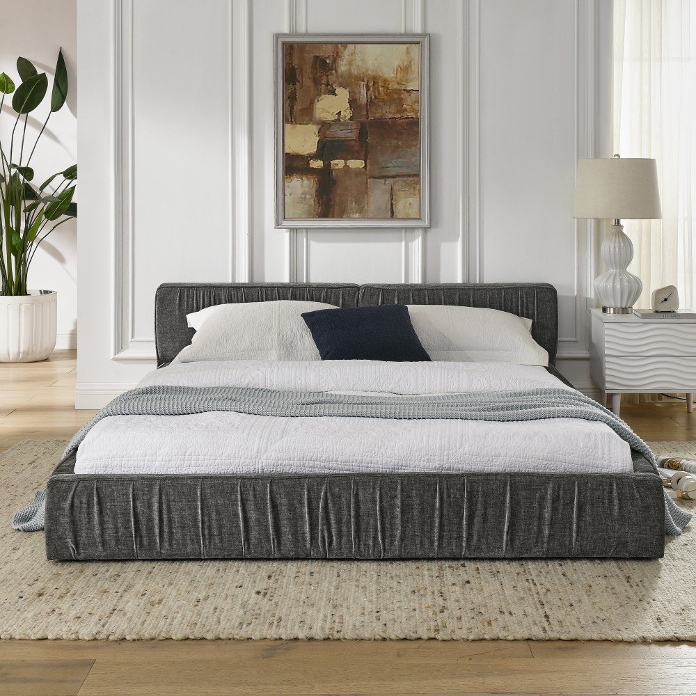 Queen Upholstered Bed Frame w/ Headboard & Platform Base, Beige