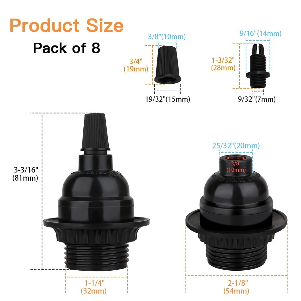 8 Pack E26 E27 Light Sockets, Black Medium Screw Base with Shade Ring, Retro ...