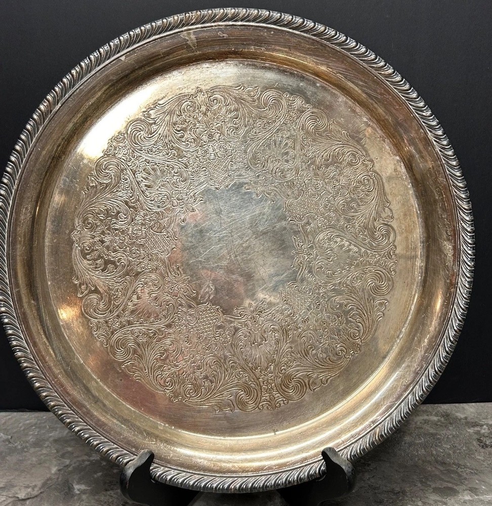 VINTAGE WM ROGERS 13" FLORAL SILVER PLATE SERVING TRAY #171