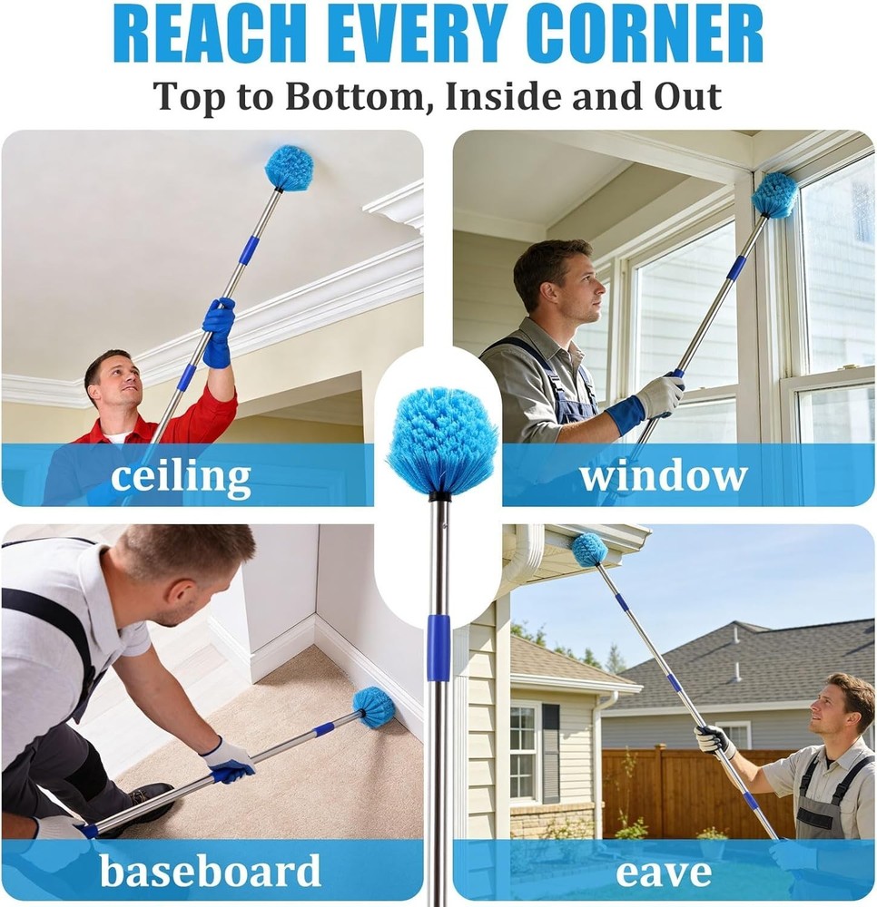 Extendable 10 FT Soft Bristle Cobweb Duster for Easy Indoor & Outdoor Cleaning