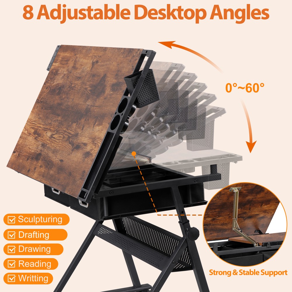Adjustable Drafting Table & Stool Set Artist Desk with Charging Station Retro