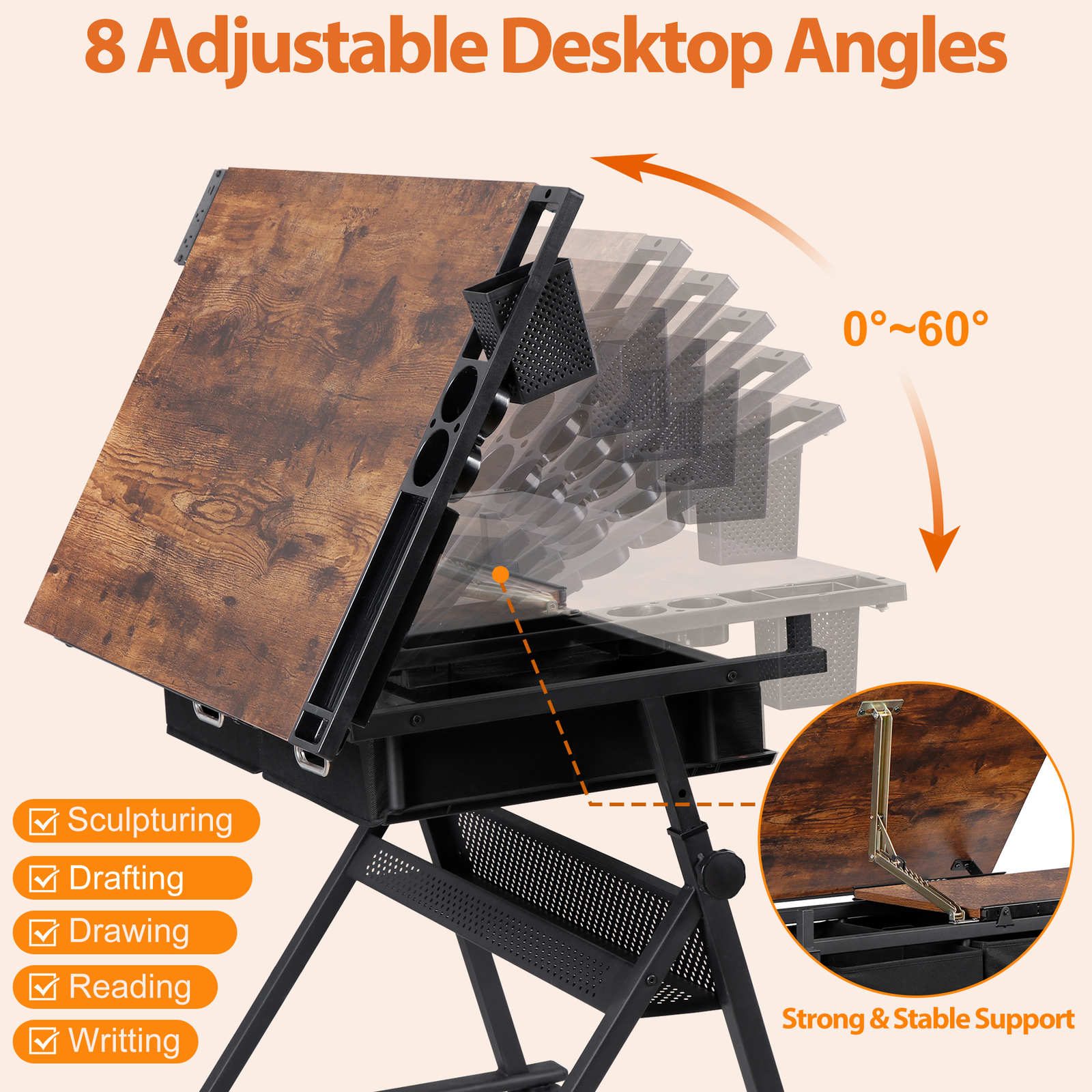 Drafting Drawing Table Adjustable Art Craft Desk with Power Outlet & Stool Retro