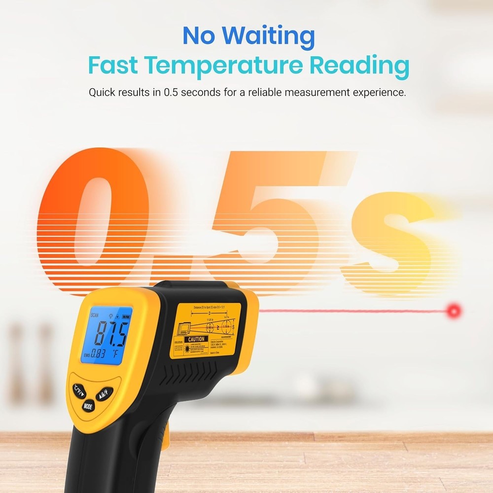 Fast-Reading Infrared Thermometer with Backlit Display - Adjustable Emissivity