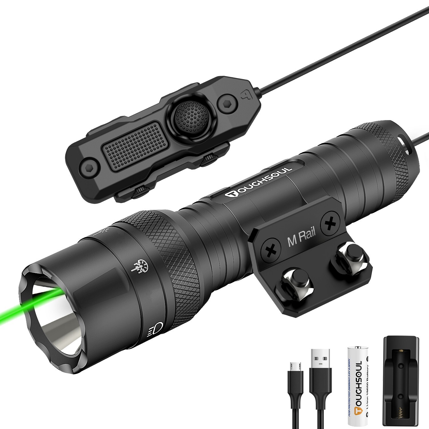 TOUGHSOUL 1250 Lumens Tactical Flashlight with Green Laser Sight for M-Lok Rifle