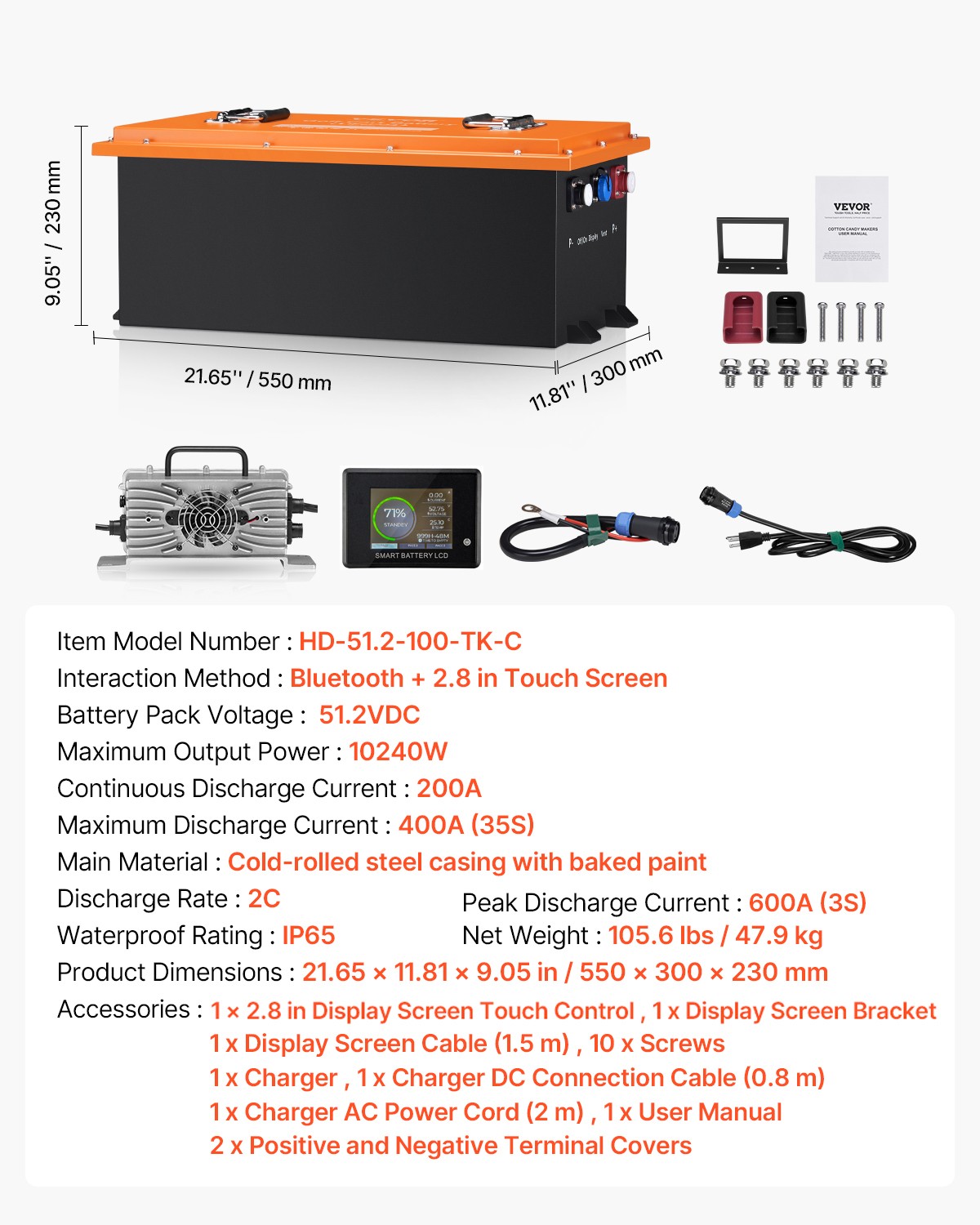 VEVOR 48V 105Ah Golf Cart Lithium Battery with 20A Charger and Touch Monitor