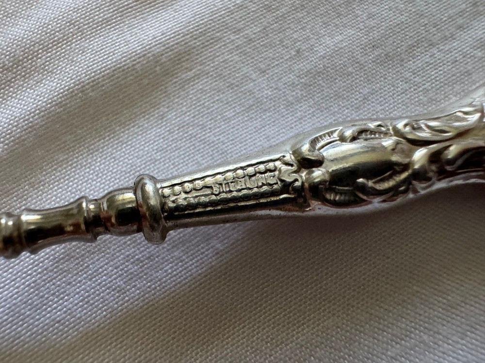 Antique Sterling Silver Handle Button Hook w/ Beaded & Scrolling Design