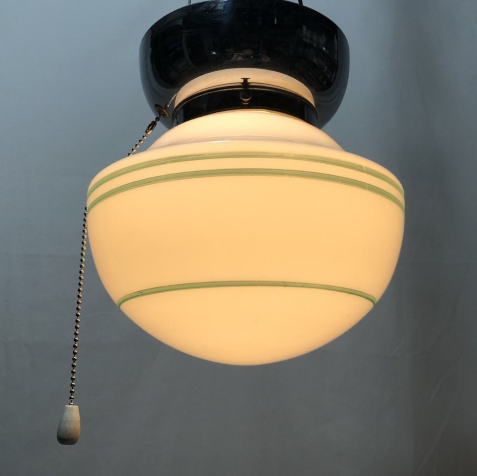 Antique Ceiling Light Chrome Fixture Art Deco Green Glass Shade Stripe USA #K92