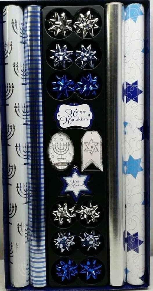 TOM SMITH HANUKKAH WRAPPING PAPER, COORDINATING TAGS & BOWS, WHITE/BLUE/SILVER