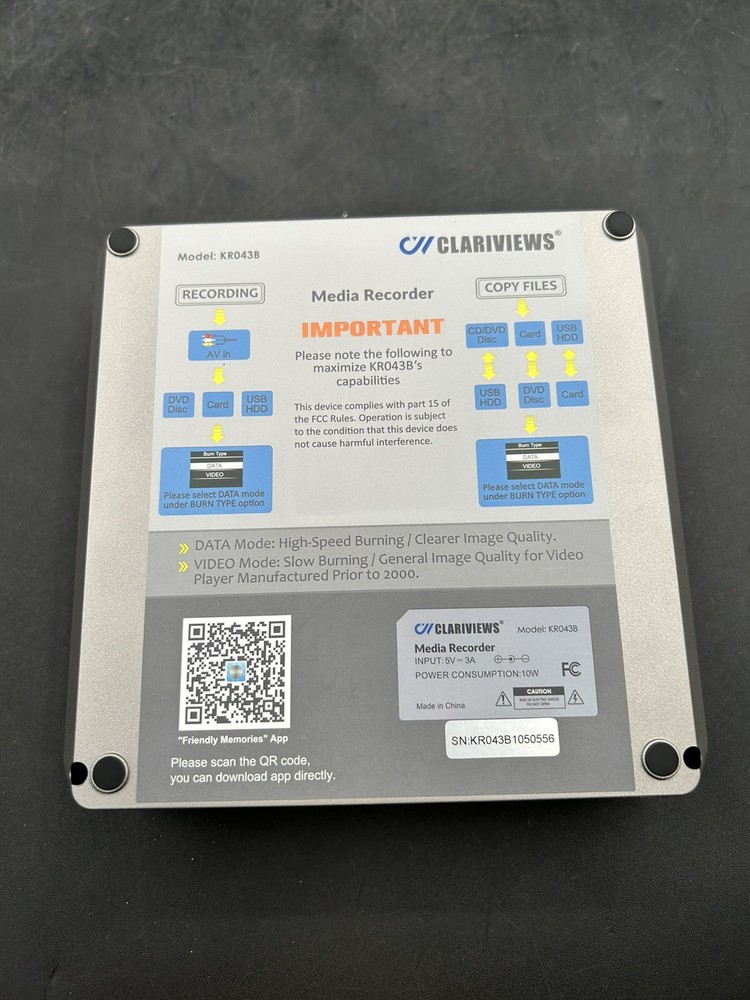 CLARIVIEWS Multi-Function Media Recorder, VHS to Digital - KR043B (READ!!)