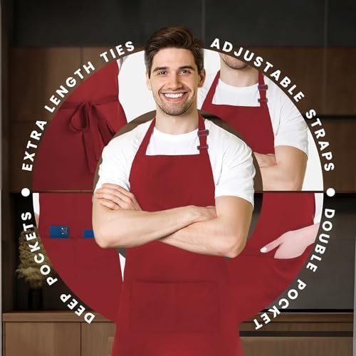 Adjustable Bib Apron - 100% Polyester, Water-Resistant, Pockets & Long Ties