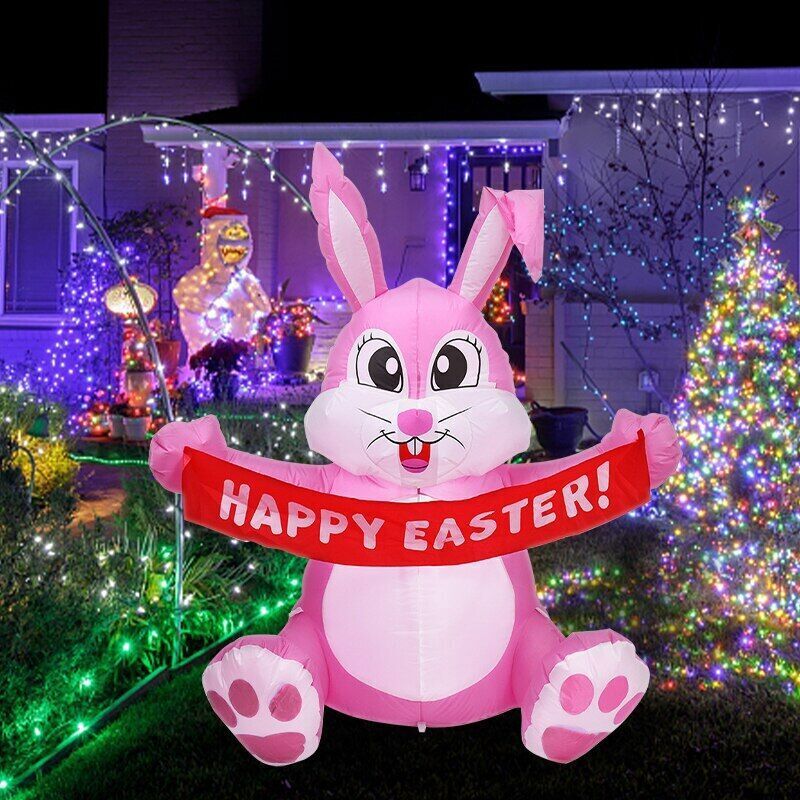 5 FT Easter Pink Bunny Inflatable Lighted Yard Decorations LED Blow up Rabbit