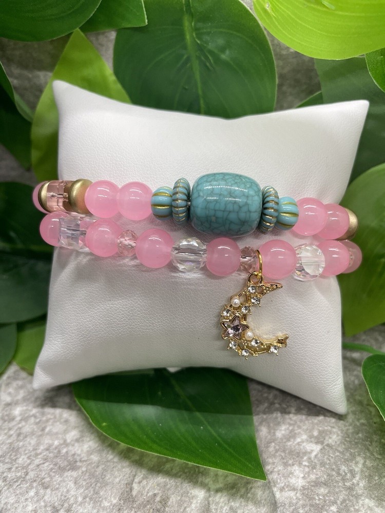 2 PC Handmade Beaded Stackable 7” Plus Stretch Bracelet Set Moon New A4567