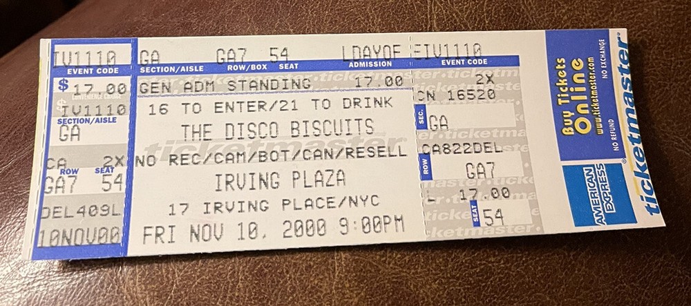 DISCO BISCUITS RARE UNUSED CONCERT TICKET NEW YORK, NY 11/10/2000