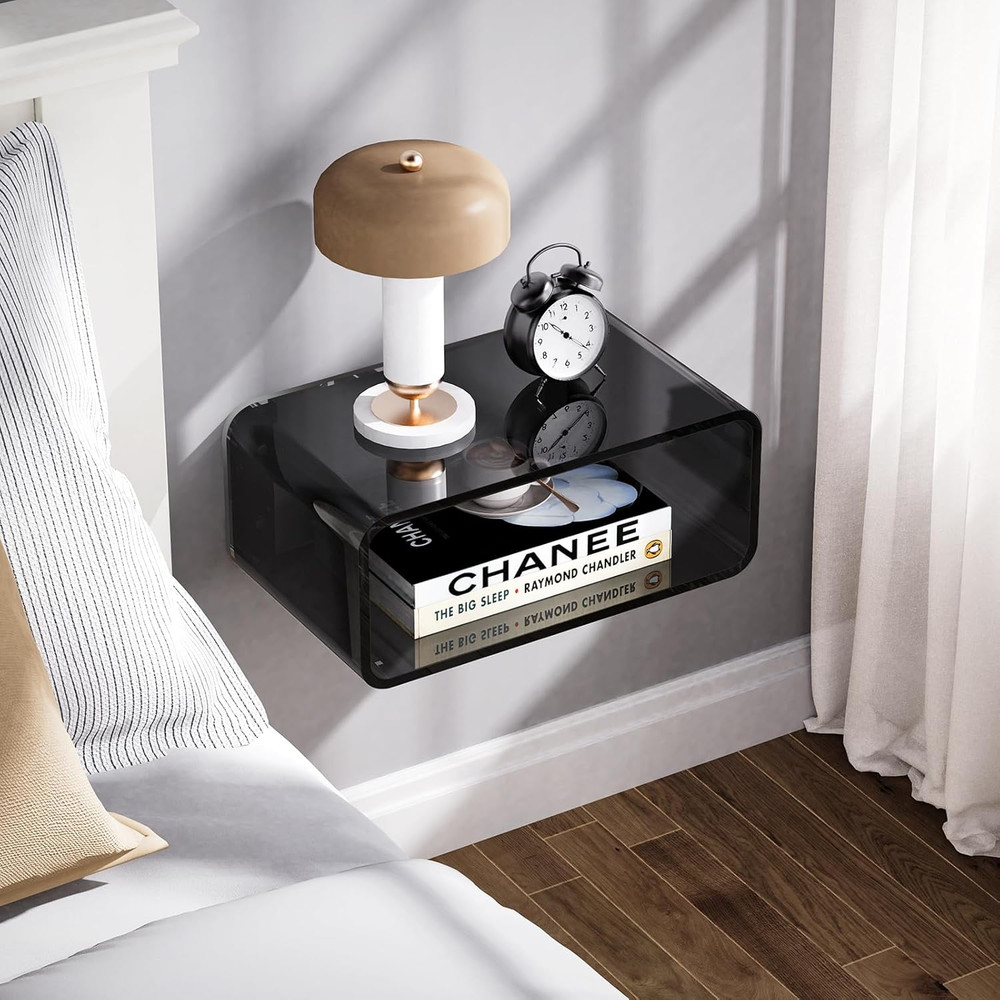 Black Acrylic Floating Nightstand - Wall Mounted Bedside Shelf (Small)