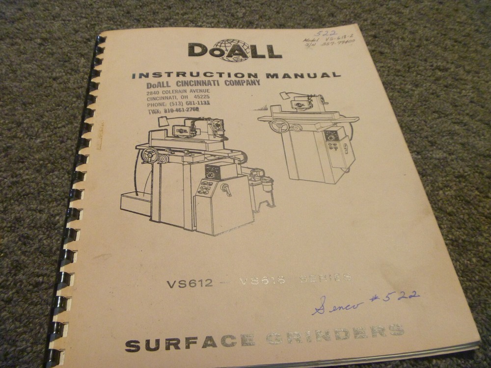DoAll Model VS612 Surface Grinder Owner Operator Instruction Manual xz