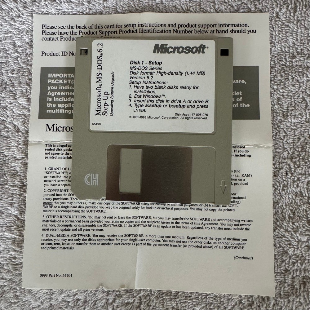 Microsoft MS-DOS 6.2 Step-Up Upgrade Disk 1 Setup w/ License Card Untested Vinta