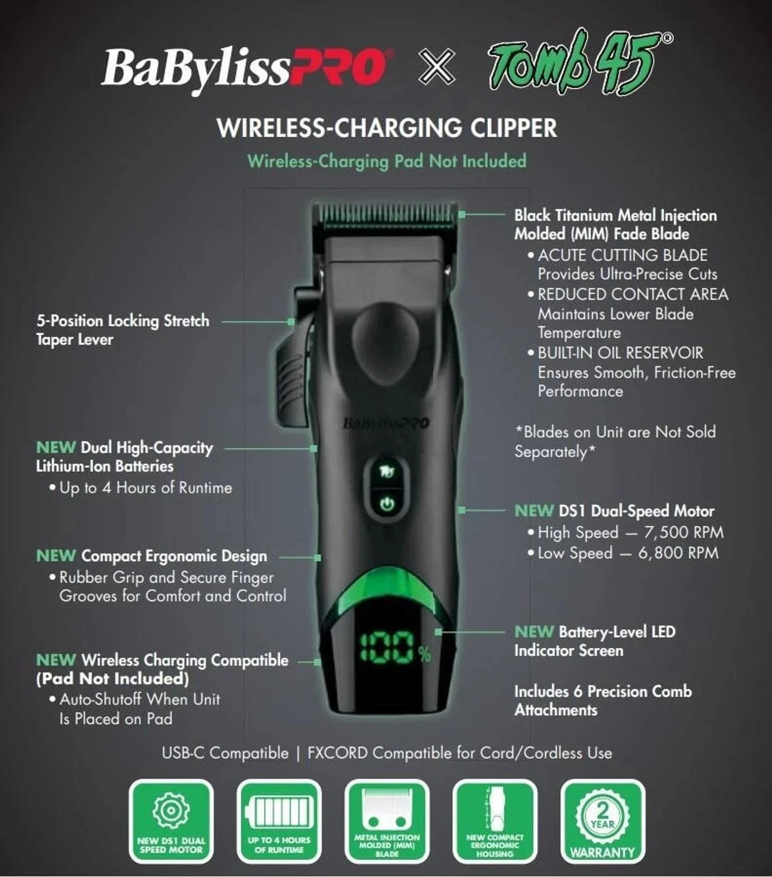 Babyliss Pro Black Tomb45 Wireless Charging Clipper Trimmer FXT45C FXT45T Combo