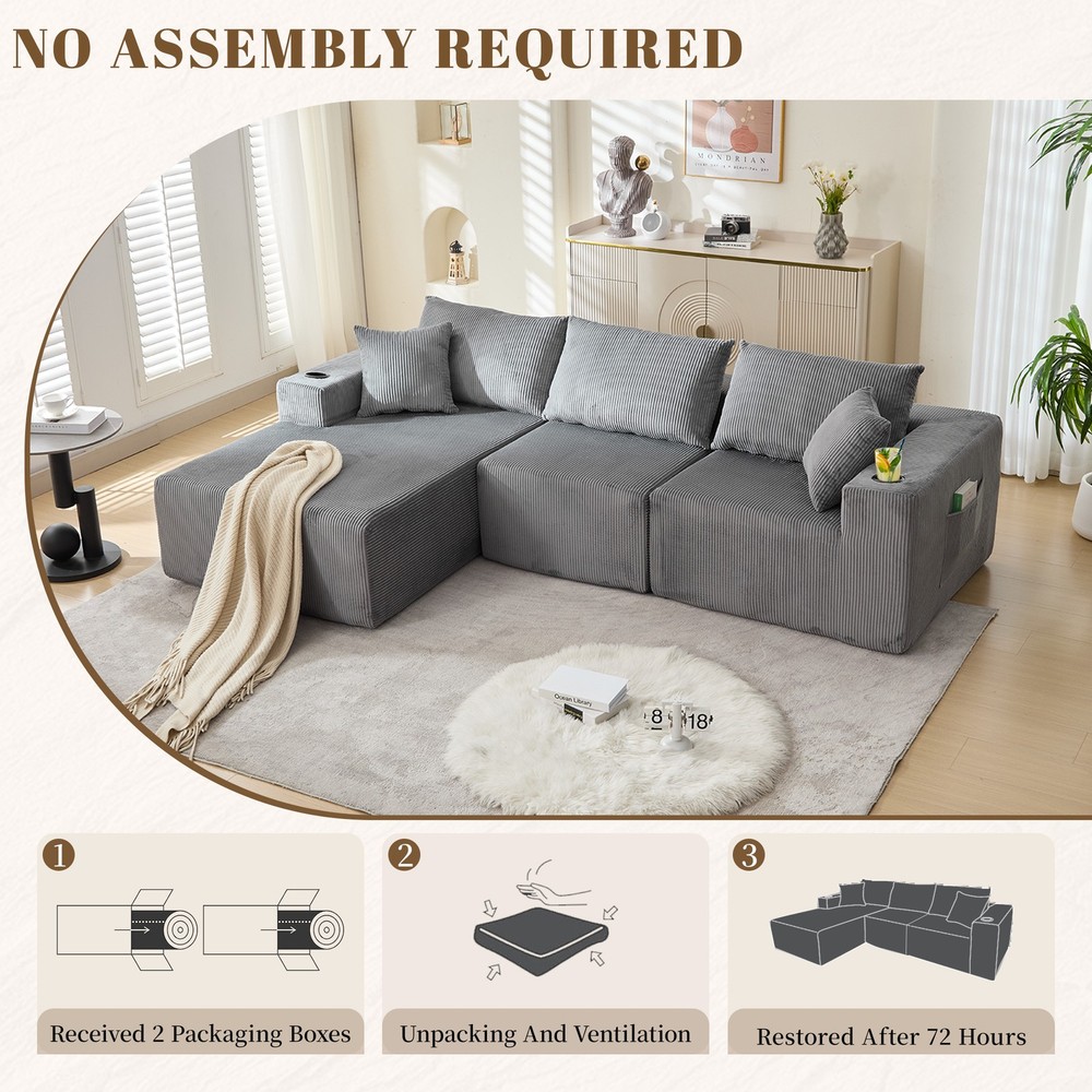 L Shaped Corduroy Sofa Cloud Couch Compression Boneless Sofas w/ 5 Throw Pillows