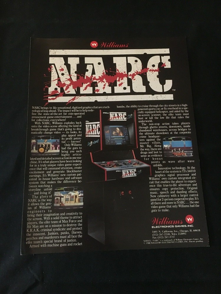 Williams Narc Pinball Machine Flyer, 1988 NOS