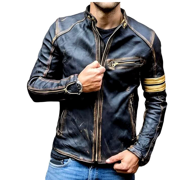Men's Leather Jacket Motorcycle Distressed Café Racer Black Genuine Lambskin