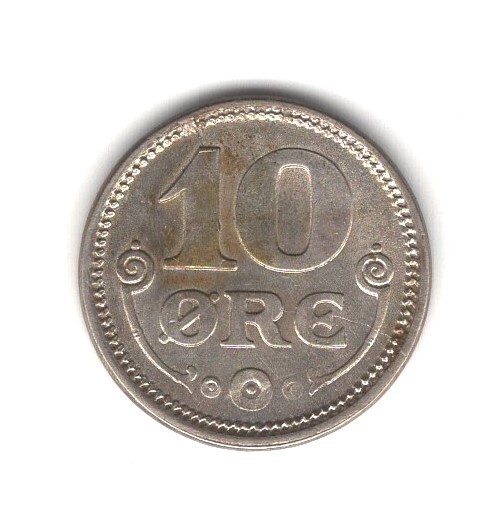 1918 DENMARK SILVER 10 ORE UNC.