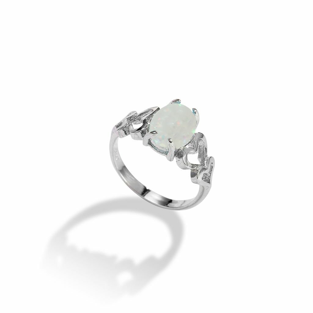 White Opal Love Heart Cutout Promise Ring 925 Sterling Silver Size 6-10 Women
