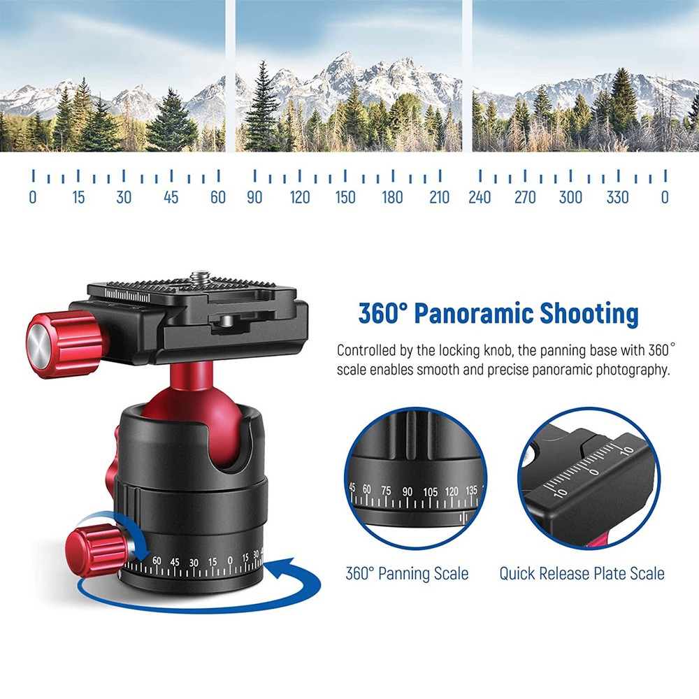 360° Panoramic Ball Head with 1/4”Quick Plate for Tripod Monopod Camera
