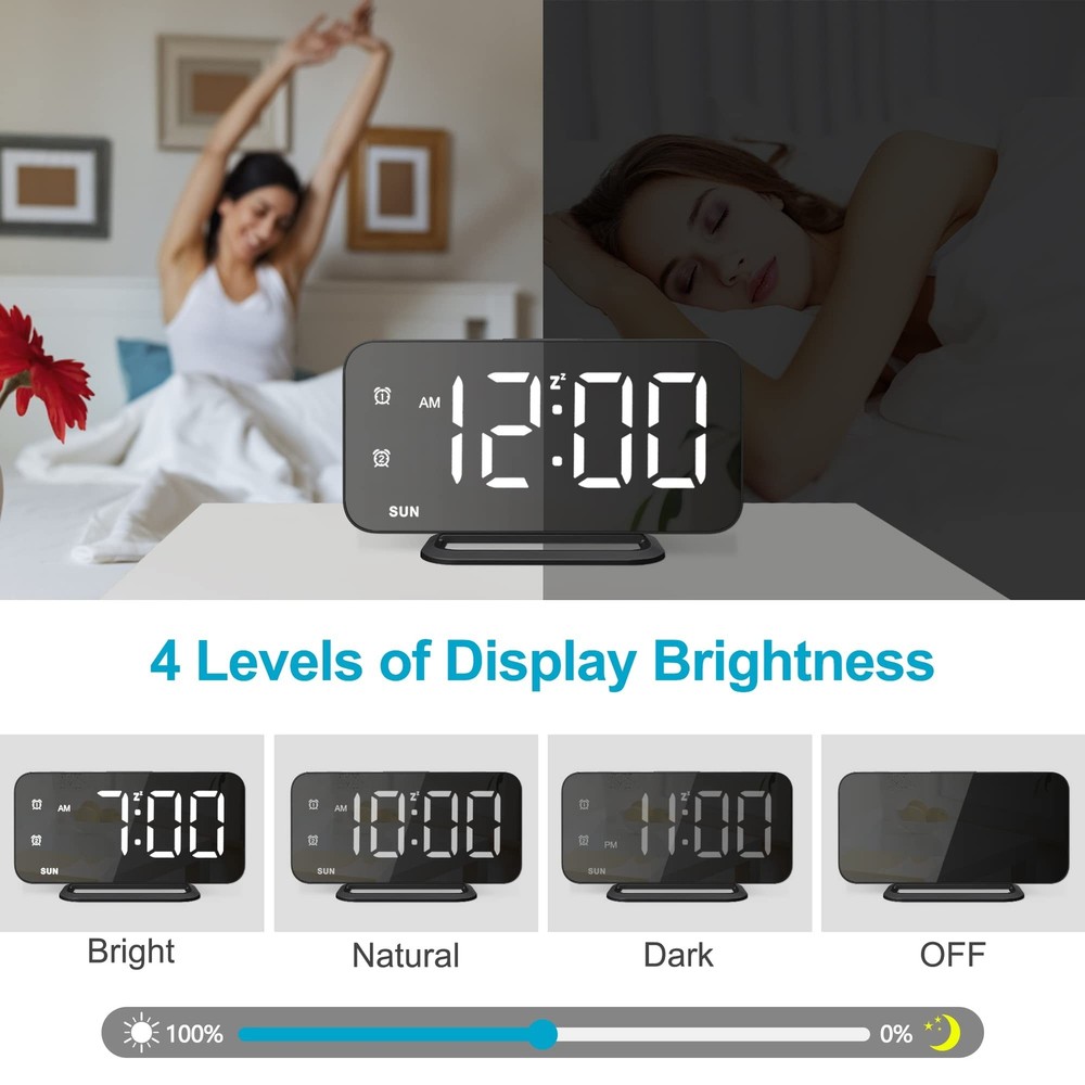 Slim LED Digital Alarm Clock, Mirror Surface for Makeup, with Diming, Large D...