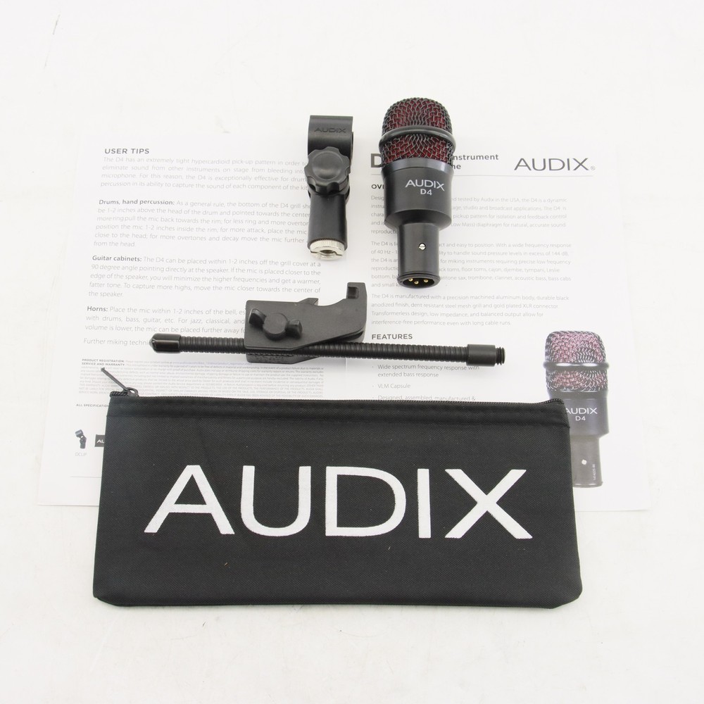 NEW 1 Pack Audix D4 Hypercardioid Dynamic Instrument Microphone Bundle US