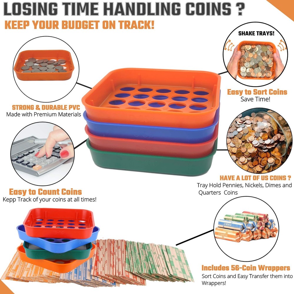 Coin Sorters Tray & Coin Counters – 4 Color-Coded Coin Sorting Tray Bundle