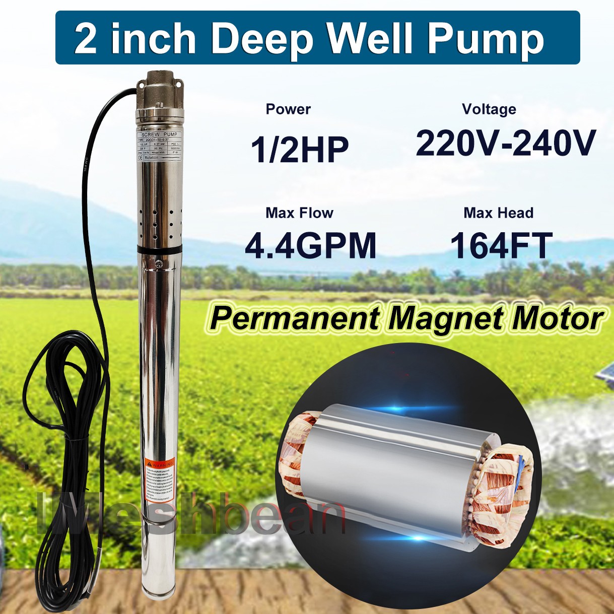 2" OD 1/2HP Deep Well Submersible Pump 164ft Hmax 230V 4.4GPM 33ft Cord