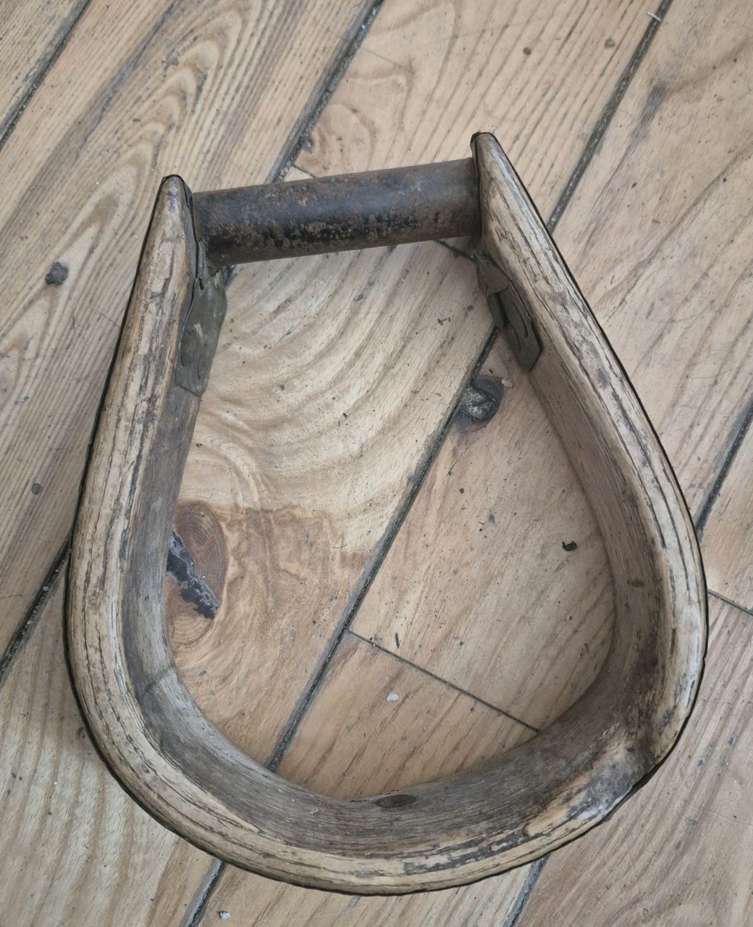 Single Antique, Vintage Western Cowboy Oxbow Single Stirrup Wood Iron And Brass