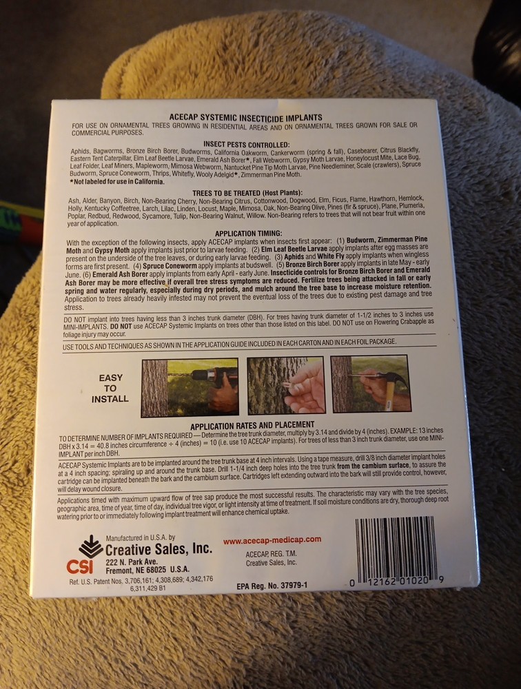 Acecap Systemic Insecticide Tree Implants 3/8" Acephate larger than 3" diam.