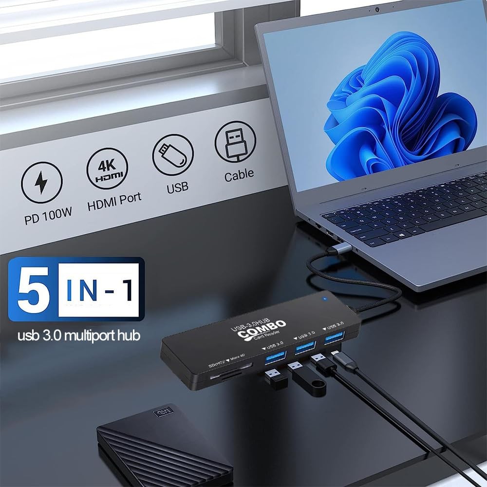 5 Port USB 3.0 Hub Multiport Splitter Adapter SD Micro SD Card Reader 6" Cable